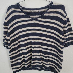 Striped Navy Cream Knit Sweater Short Sleeve Shirt
